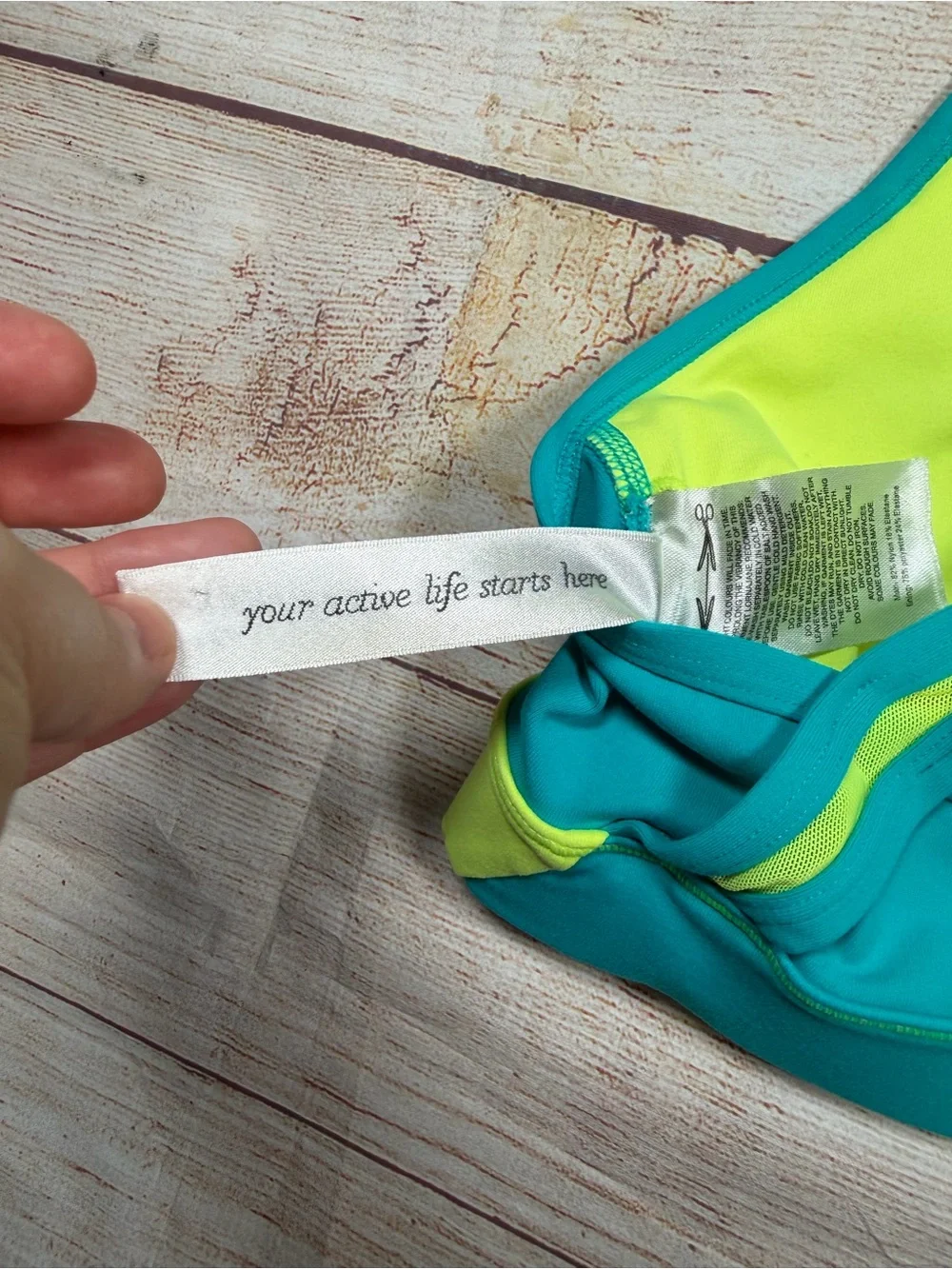 Lorna Jane Teal & Neon Lime Racerback Sports Bra - workout, running, lifting